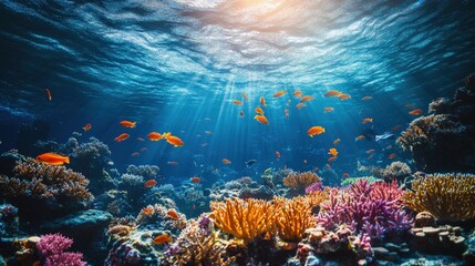 Obraz premium A mesmerizing underwater scene featuring vibrant purple coral at the heart of a diverse, circular arrangement with various colorful corals enveloping it in a vivid aquatic ballet