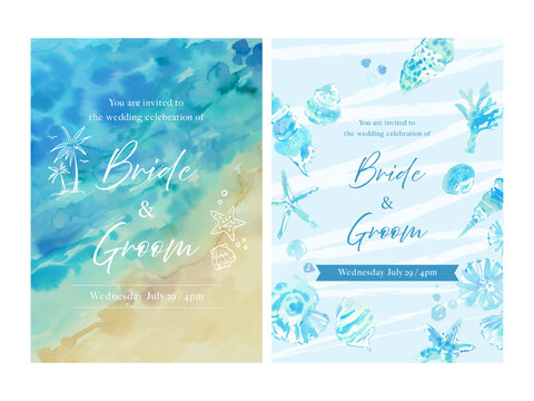 A watercolor wedding invitation template featuring waves, a beach, and seashells. A summer wedding invitation design. A postcard illustration for summer.