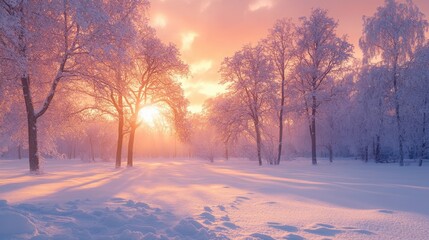 A serene snow-covered field bathed in the golden hues of an enchanting sunset. Sunlight filters through the forest canopy, casting a magical glow on the tranquil landscape