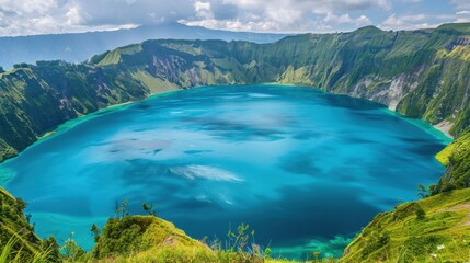 Fototapeta premium Blue Lake: A tranquil natural lake, famous for its clear blue waters, often surrounded by lush greenery or tucked away in remote mountain regions. 