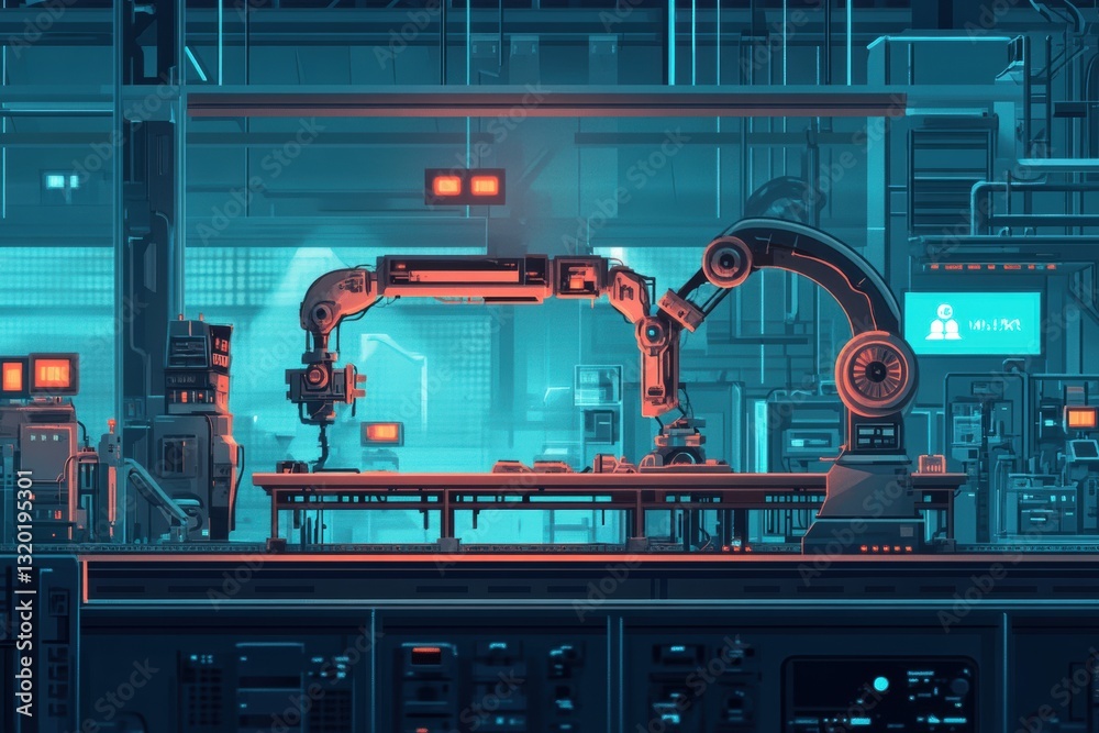 Poster automated factory showcases robotic machines and ai controlling production process in an advanced in