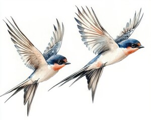 Fototapeta premium Swallow Birds Flying Watercolor Illustration Art Print Nature Design Graphic Background White
