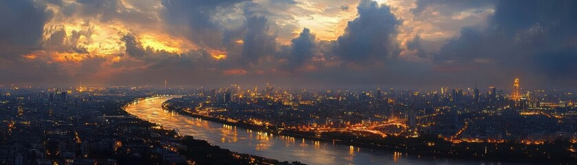 Fototapeta premium Dusk Cityscape with River Reflections Urban Skyline at Evening Transport and Finance Concept