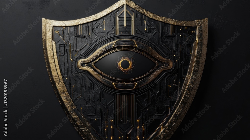 Aufkleber Cybernetic shield design featuring a robotic eye for AI representation in cybersecurity with space for additional text at the bottom right