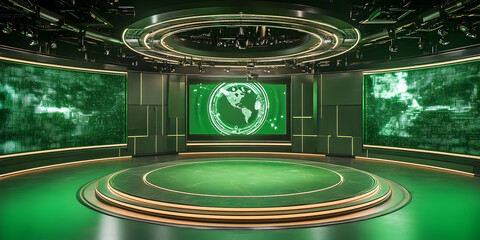 Futuristic Green News Studio Set Design: 3D Render of Circular Stage with LED Screens Displaying Global Data Streams and a World Map, Ideal for Broadcast Backdrop