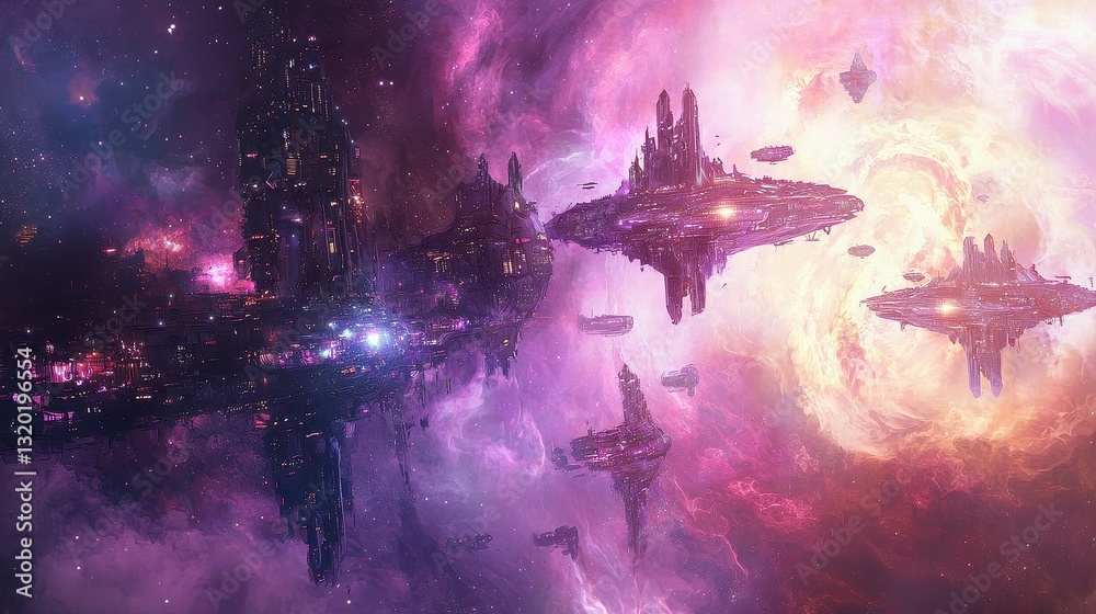 Wall mural surreal cosmic landscape with colorful nebula and floating structures