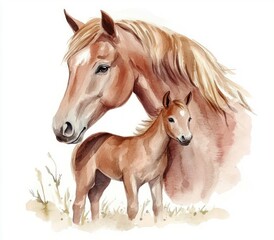 Obraz premium Watercolor illustration of mare and foal, realistic animal art, cute chestnut horse, beautiful portrait, greeting card design, equestrian theme, soft pastel tones