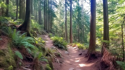 Obraz premium Vibrant Forest Trail with Dappled Sunlight