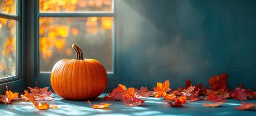 Autumn pumpkin and dry leaves with warm light on a teal background