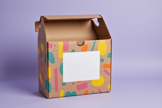 A Colorfully Designed Open Takeout Box Against a Soft Purple Background Ideal for Food Presentation and Packaging Solutions