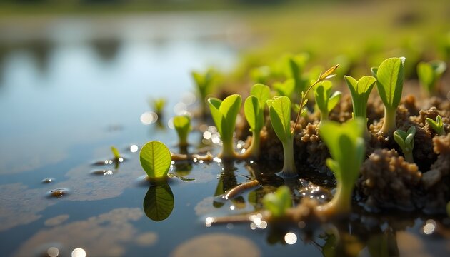 A close-up reveals the intricate details of peatland plants thriving at the water's edge, perfect for international day of forests