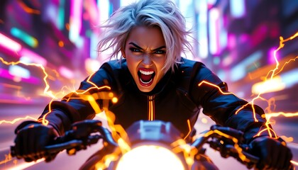 Fierce Female Rider on a Cyberpunk Motorcycle in a Neon City. Generative Ai
