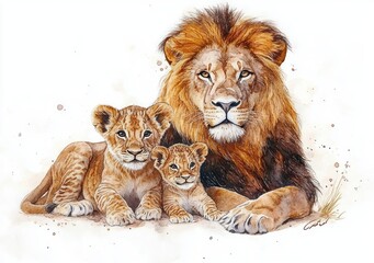 Fototapeta premium Watercolor Painting of a Lion Family with Male Lion, Female Lion, and Playful Cub on White Background