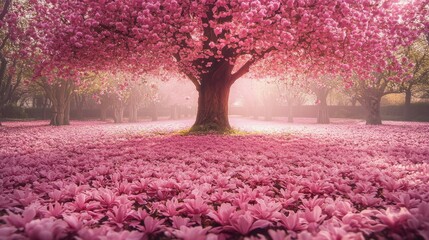 Serene Blossom Tree Surrounded by Pink Floral Carpet in Spring