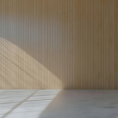 3D Render of Light and Shadow on Vertical Wooden Wall and White Floor, Minimalist Interior Design Background