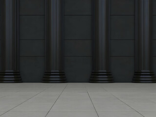 3D Render of Four Black Classical Columns against a Dark Gray Wall and Light Gray Floor, Elegant Architectural Background