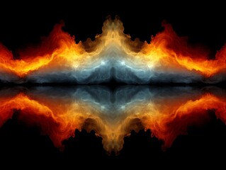 Abstract fiery symmetrical shapes with reflective effect and dark background