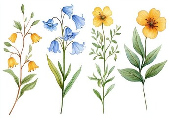 Obraz premium Watercolor Floral Illustration Set with Bluebells Yellow Flowers Leaves and Botanical Elements for Garden and Meadow Collection