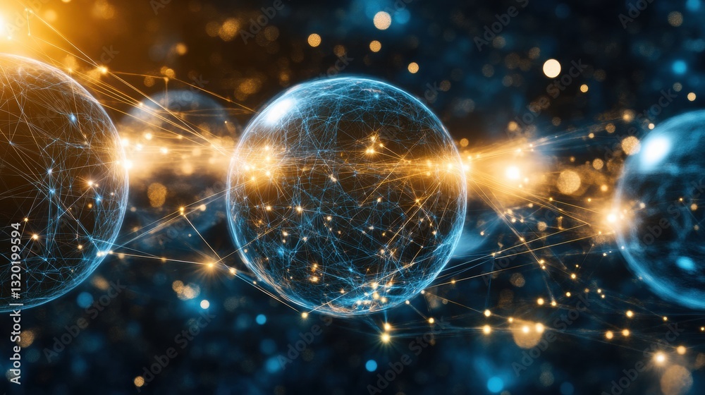 Poster Multiple interconnected spheres representing unique virtual worlds illuminated by light beams in a cosmic setting