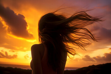 rear view of a teenage girl standing with sunset background