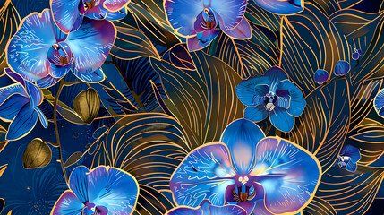 Seamless Floral Pattern of Blue Orchids and Golden Leaves on Dark Background with Decorative Elements for Textile and Fashion Design