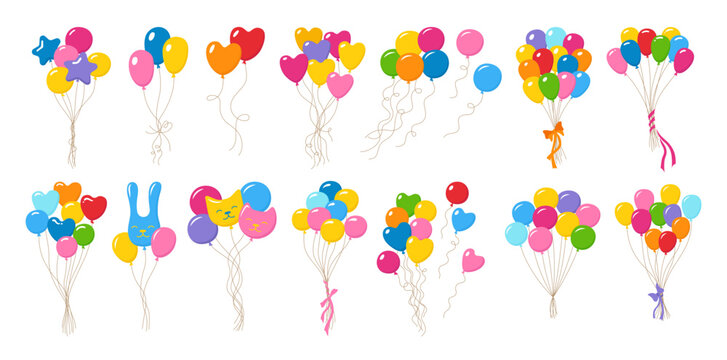 Bundle balloons set illustration. Colorful decorative cartoon bunches of balloons of various shapes. Birthday celebration, festivities events, party decorations, greeting cards children vector designs