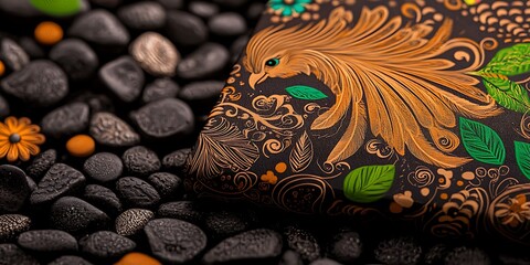 Vibrant artistic design featuring a phoenix on a textured surface with pebbles