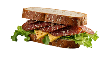 Delicious sandwich with layers of salami, cheese, and fresh lettuce on a sesame seed bread slice