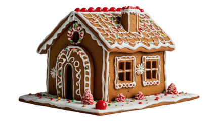 Gingerbread house decorated with candy and frosting, showcasing a cozy winter design for holiday festivities