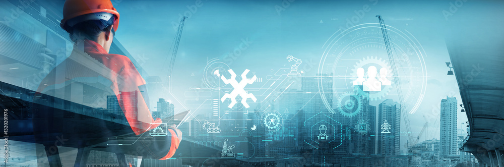 Fototapete Building Engineer and Architect analysis of construction project with ai technology and modern civil equipment  innovation on digital tablet, Future building construction engineering project.