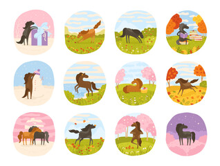 Horse in meadow cartoon vector illustration. Set of 12 art pages with horses in different poses, scenes landscapes. Four seasons, twelve months of nature illustration for calendar with mare, mustang