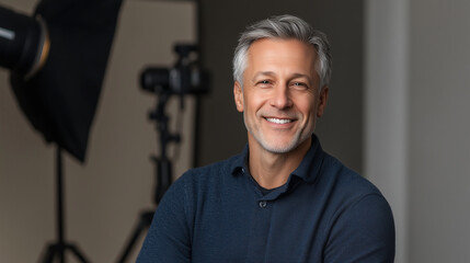 Obraz premium portrait of a handsome, mature man with gray hair smiling confidently in a studio setting with photography equipment in the background.