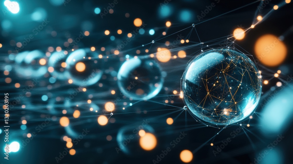 Fototapete Multiple interconnected spheres symbolize virtual worlds linked by beams of light in a cosmic setting with space for text