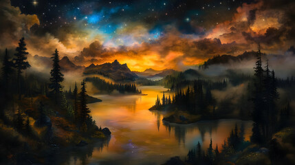Serene Sunset Over Misty Mountains and a Tranquil Lake, Starry Night Sky Above, Digital Painting Landscape
