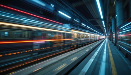 Fototapeta premium dynamic motion blur image of a high-speed train at night. perfect for transportation, technology, and speed-themed projects. vibrant colors and sleek design.