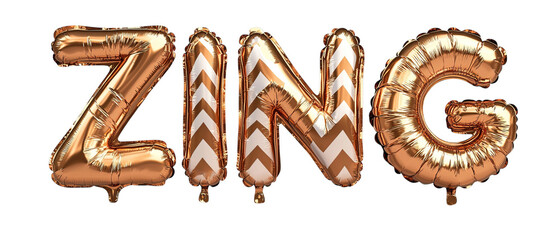 Png of Shiny rose gold 'ZING' balloons with chevron patterns, perfect for celebrations and special occasions on transparent background.