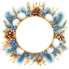Winter Watercolor Wreath with Pine Cones, Berries, and Cotton Encircling a Blank Circular Frame for Festive Designs