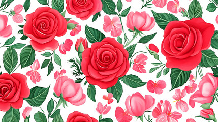 Vibrant Red Roses and Pink Flowers Seamless Pattern Illustration on White Background