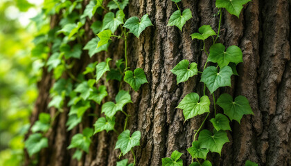Vibrant Green Ivy on Tree Trunk - Close-Up Textured Nature Background