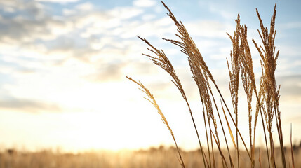 Fototapeta premium Gentle rice stalks sway in breeze under beautiful sunset sky