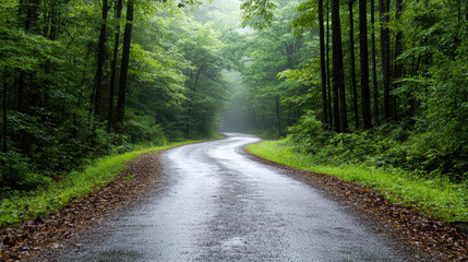 Obraz premium moody fog covered road winding through dense forest landscape