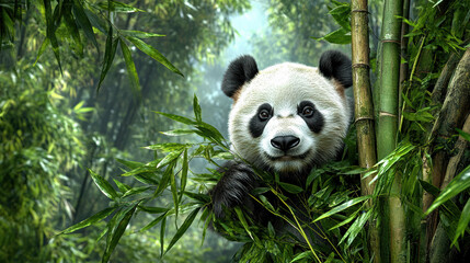 Fototapeta premium panda peeking through lush bamboo in serene forest setting