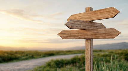 Rustic wooden road sign at crossroads in scenic landscape