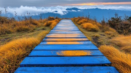 Obraz premium A blue and yellow boardwalk leads to misty mountains