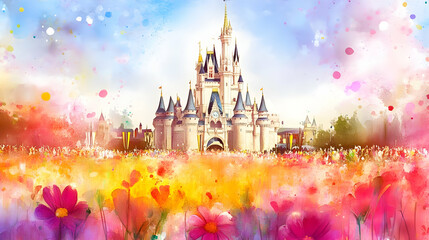 Watercolor Fantasy Castle Illustration with Blooming Flowers and Crowd