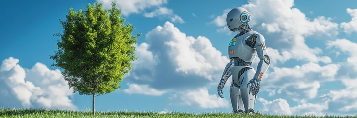 Fototapeta premium a robot planting trees on the grassland