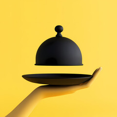 Fototapeta premium Black cloche on hand: Elegant black serving cloche hovering above a black plate held in a graceful hand against a vibrant yellow backdrop. The image evokes a sense of anticipation and refined dining.