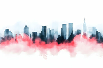 Abstract Watercolor Cityscape: Skyline Emerging from Pink Clouds