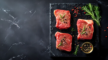 Fototapeta premium Raw Steaks on Slate: Three raw beef steaks seasoned with rosemary and peppercorns rest on a dark slate slab, ready for cooking.