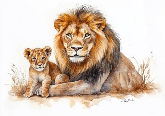 Fototapeta premium Watercolor Lion Family Father Mother Cub Illustration Wildlife Art